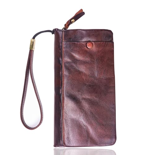 Cowhide men's handmade wallet retro multifunctional long wallet zipper coin key multi card slot card bag (Tea-brown)