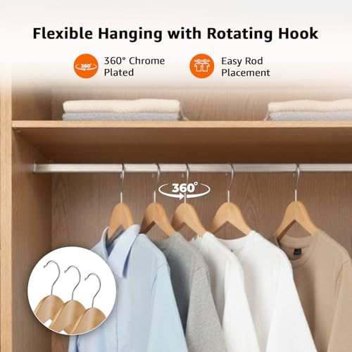 Image of Amazon Basics Wooden Hangers - Broad Shoulder, Natural Wooden Color, Glossy Finish, Pant Bar, 360 Hook, 5kg Capacity, Pack of 20 (Size: 44.5L x 23H x 5.5W cm)