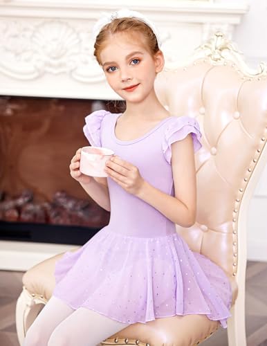 Image of Arshiner Girls Shiny Ruffle Sleeve Ballet Leotard with Skirt Criss-Cross Back Dance Dresses