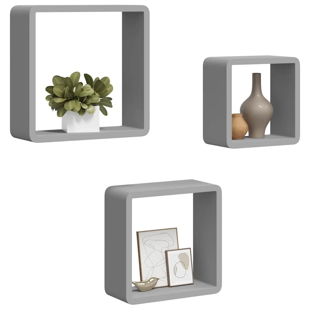 Set di 3 mensole a cubo grigie in MDF, mensole sospese da parete con fissaggio invisibile, per decorazioni, libri e oggetti da collezione, 28/24/20 cm