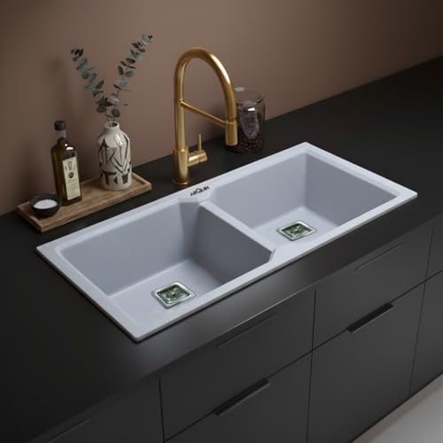 Image of ARQUIN Double Bowl Quartz Kitchen Sink 45x20x9 Inch Sand Pluto | Undermount,Topmount | Including Coupling,Sink Connector,Waste Pipe & Fruit Washing Basket