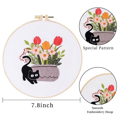 Image of LB Cat Embroidery Kit for Beginners Adults, 3 Sets Hand Embroidery Starter Kit with Cactus Floral Pattern and Instructions Stamped Cross Stitch Kits Include Embroidery Hoop Needles Threads Scissors