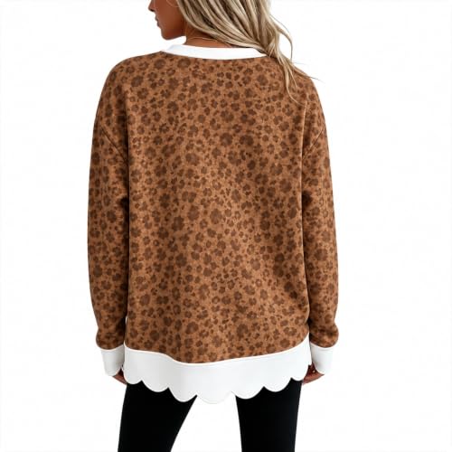 Leopard Print Sweatshirt Womens Patchwork Scalloped Y2K Crewneck Pullovers - image 3