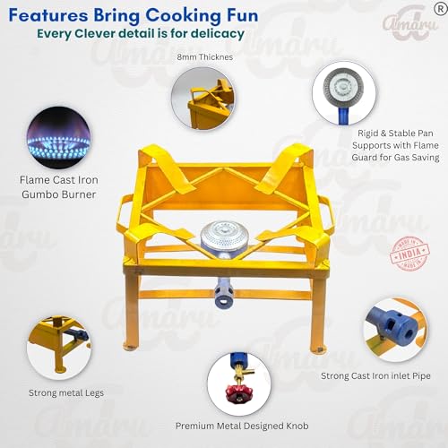 Image of Amaru Single Burner Iron Square Chulha Canteen Bhatti Commercial Gas Stove -Multi Colour, Manual (Large-14x14x10.5)