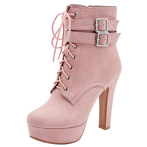 XIEWANG Botines de tacón alto grueso con cordones para mujer, Pink, 38 EU Cover