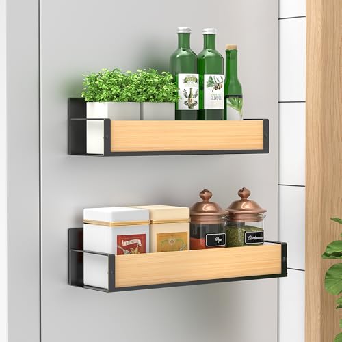 Image of HuggieGems Metal Magnetic Spice Rack for Refrigerator Wood, 2 Pack | Magnetic Shelves Heavy Duty for Fridge in Kitchen, Seasoning Storage Organizer, For Oven Washer and Dryer, For Heavier Items