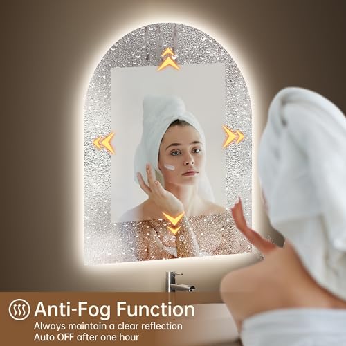 Image of Arched Backlit Mirror Bathroom 30 inchx36 inch- Frameless LED Bathroom Mirror with Lights, Fogless, Dimmable, 3 Color Changing, Shatterproof, Touch Sensor
