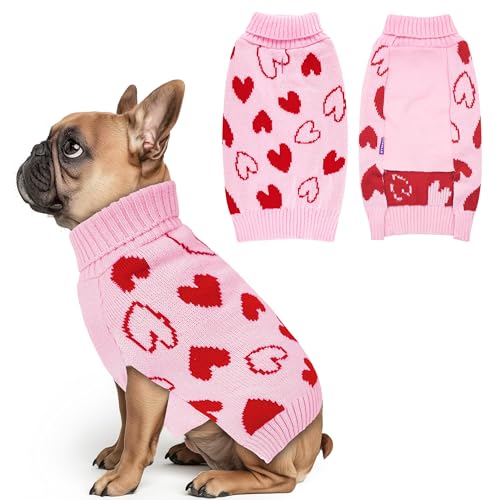 cyeollo Small Dog Valentines Sweater Heart Pattern Dog Clothes with Leash Hole Pullover Turtleneck Holiday Pet Apparel Pink