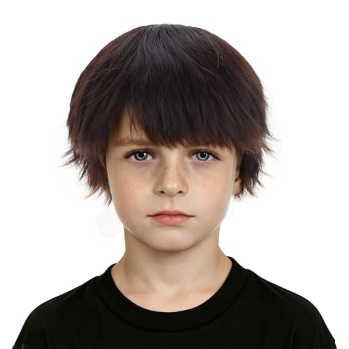DUDUWIG Short Brown Wig for Kids Boys Brown Straight Wig with Bangs Synthetic Wig Cosplay Hair Wig