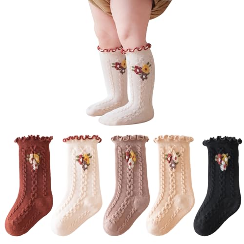 Meeshine 5 Pairs Baby Toddler Girls Knee High Socks Cotton Ruffle Flower Princess Dress Socks 0-5T Infants Newborn