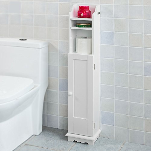 Haotian FRG177-W,White Free Standing Wooden Bathroom Toilet Paper Roll Holder Storage Cabinet Holder