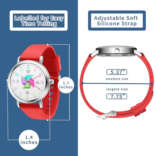 Blisshour Kids Watch Analog Waterproof, Pinwheel Learning Watch for Kids 8-12, Teacher Watches for Girl Ages 5-7 6-8, Easy to Read Educational Girls Watches Red2