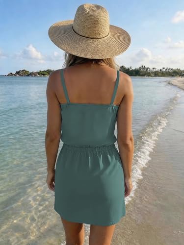 Image of Summer Dress for Women Strapless Beach Cover Ups Boho Sundress Mini Dress Drawstring Waist with Pockets