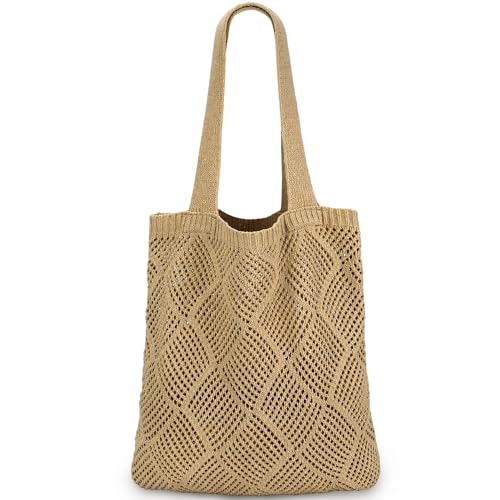 Ayieyill Bolsa de ganchillo para mujer, bolsa de malla de ganchillo para playa, vacaciones de verano, estética, boho, bolsa de punto para mujer, J/marrón, 15.75 inches (L) x 12 inches (H) x 0.4 inches