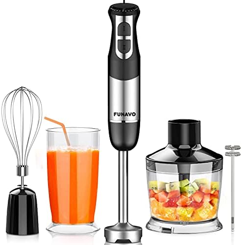 FUNAVO Hand Blender, 800W 5-in-1 Immersion Hand Blender, 12-Speed Multi-function Stick Blender with 500ml Chopping Bowl, Whisk, 600ml Mixing Beaker, Milk Frother Attachments, BPA-Free