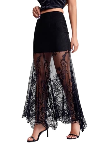 Women's Floral Lace Maxi Skirt Sheer Mesh High Waisted Fishtail Skirts3
