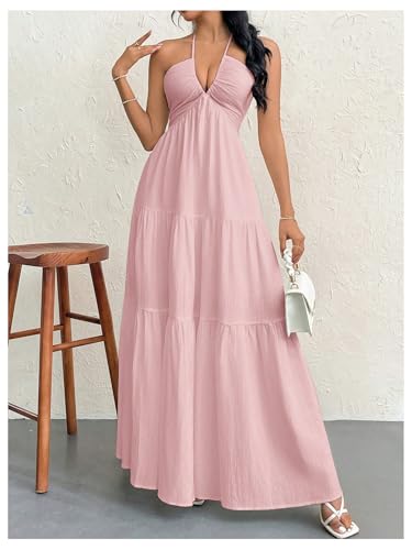 Image of SHENHE Women's Deep V Neck Tie Knot Backless Halter Dress A Line Flowy Ruffle Maxi Dress