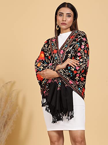 Women's Kashmiri Aari Embroidered Wool Stole (3132) Free Size Black2