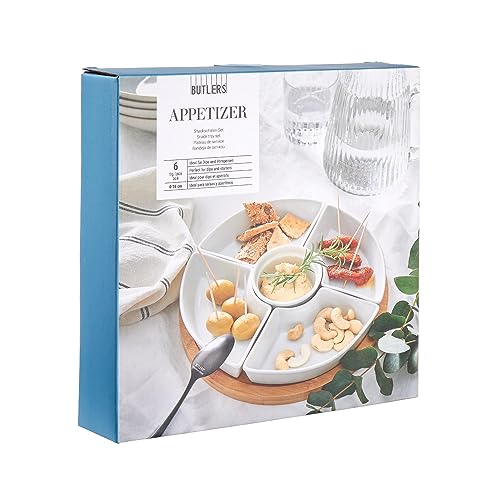 BUTLERS Set Snackschalen & Dipschalen | 5 Porzellan Schalen mit rundem Teller aus Bambus Ø26cm -APPETIZER- Servierschalen Set für Snacks, Fingerfood, Obst | Snackteller mit Fächern