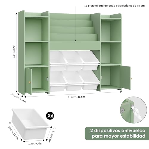 FOREHILL Mueble Almacenaje Juguetes, Mueble Juguetes Organizador, Librería Infantil Montessori, Estantería Infantil para Jugetes Libros, Organizador Juguetes Infantil, con 6 Cajas, Verde 119x29.5x94cm - imagen 3