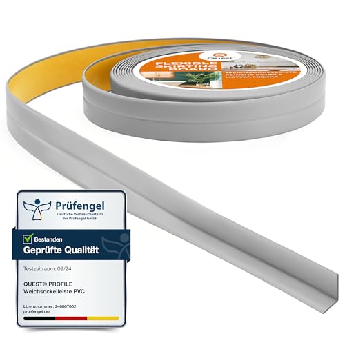 Quest Weichsockelleiste Selbstklebend - 10 mm x 10 mm - Knickleiste, Abschlussleiste für Küche, Badezimmer - PVC, Flexibel, Wasserdicht, Dekorativ - 5 Meter, Grau
