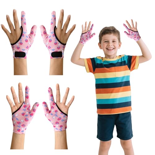 4 Pcs Thumb Sucking Guard Gloves Kids Chewy Compression Glove Kids Stop Thumb Sucking and Finger Biting for Ages 5-13 (Pink Strawberry#2)