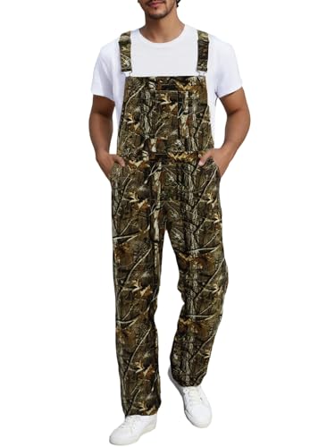 LONGBIDA Camo Overalls for Men Loose Fit Camouflage Jean Coveralls Work Denim Bib Jumpsuit with Zipper, Brown Camouflage, L
