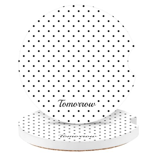 Watbro Cute Fashion Polka Dot Car Coasters 2 Pack for Cup Holders, 2.56 Inch Finger Notch Retro 70's Style Ceramics Heat Resistant Anti Slip Cork Base Car Drinks Coasters Auto Accessories-White