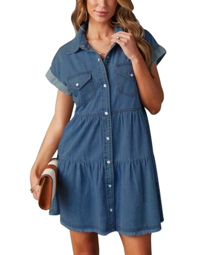 Image of HBQ Women's Casual Babydoll Denim Shirt Dresses Short Sleeve Loose Fit Button Down Mini Jean Dress