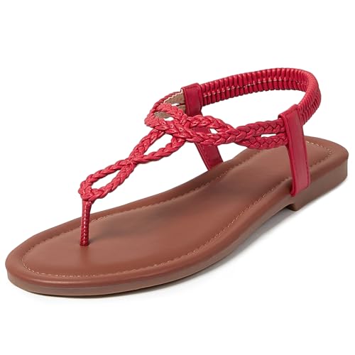 Image of iCKER Womens Braided T‑Strap Flat Sandals Elastic Stretch Ankle Strap | Boho cute casual lightweight and comfort matches dresses for beach vacation
