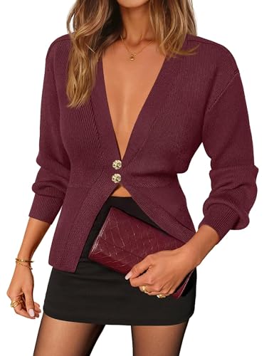 Womens Cardigan Sweaters Deep V Neck Button Up Sweaters Dressy Open Front Fall Knit Cardigans Top Shrugs for Women