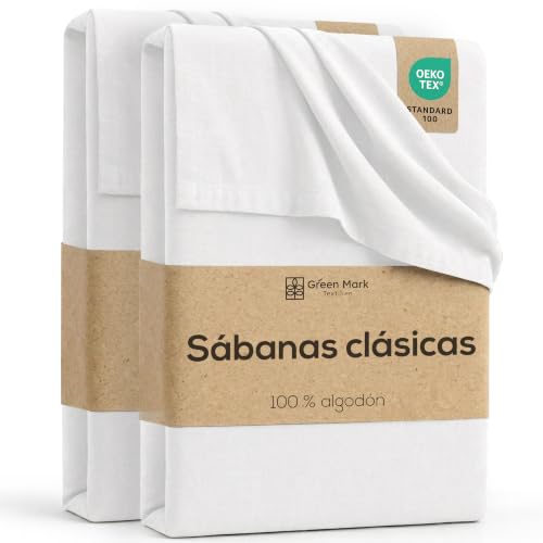Green Mark Sábanas Clásicas –Juego de 2 sábanas Planas de 100 % algodón, sin Esquinas elásticas, Suaves para la Piel, fáciles de cuidar, Lavables a Altas temperaturas – Blanco – 250x150 cm