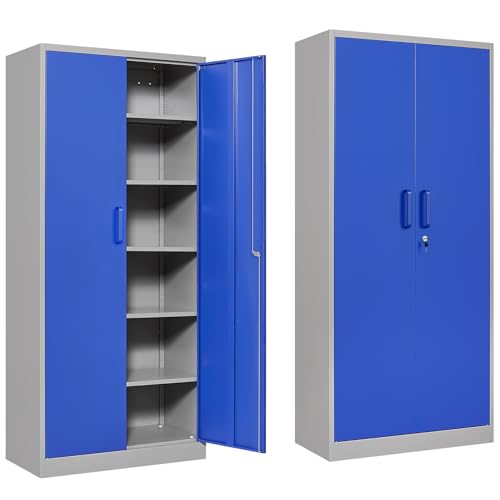 Metal Cabinet with 5 Adjustable Shelves,Garage Storage Cabinet with Lock,Gray Blue Metal Storage Cabinet with Locking Doors,Steel Cabinet,71" Lockable Storage Cabinet for Home,Office,Garage Cabin...