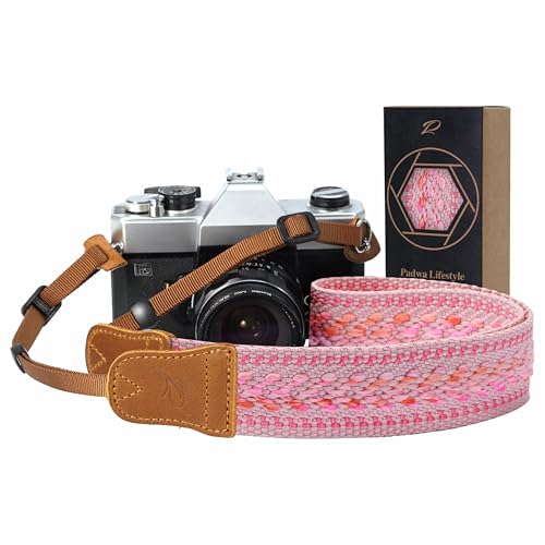 Padwa Lifestyle Speed Pink Camera Strap - 1.5 Soft Cotton Rope Weave Crazy Horse Cowhide Head Camera Straps for Photographers and All Cameras Cute Adjustable Vintage Woven Strap for Adults & Kids