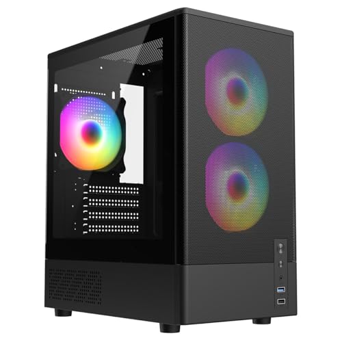 CiT F3 Black Gaming PC Case – Micro-ATX Computer Case with Mesh Front & Tempered Glass Side Panels...
