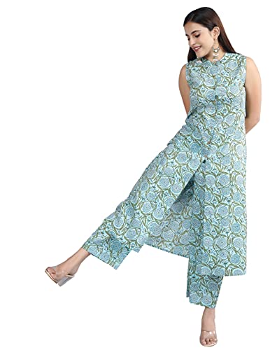 Image of Cotton Printed Front Slit Kurta with Palazzo Set for Women