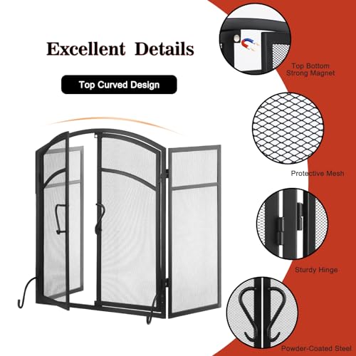 Gtongoko 3 Panel Fireplace Screen with Doors 51" W x 32" H Wrought Iron Extra Large Fireplace Screen Decorative Fire Spark Guard Grate for Living Room Home Decor - Black