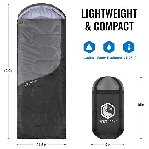 Venture 4Th Summer Sleeping Bag, Single, Regular Size - Lightweight, Comfortable, Water Resistant Backpacking Sleeping Bag For Adults & Kids - Ideal For Hiking, Camping & Outdoor - Black/Silver #TOP1