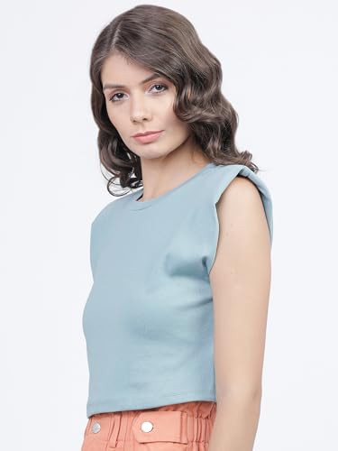 Image of Tokyo Talkies Women's Regular Fit Tshirts | Solid | Sleeveless | Boat Neck | Western Tshirts