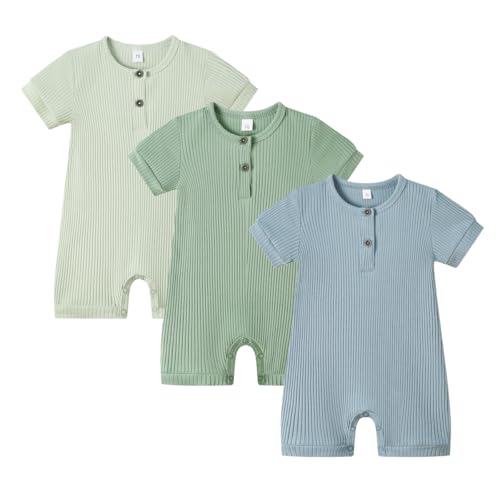 Image of Bafeicao Baby Boy Girl 2/3 Pack Solid Romper Ribbed Short/Long Sleeve Bodysuit Jumpsuit Infant Knitted Outfits Clothes