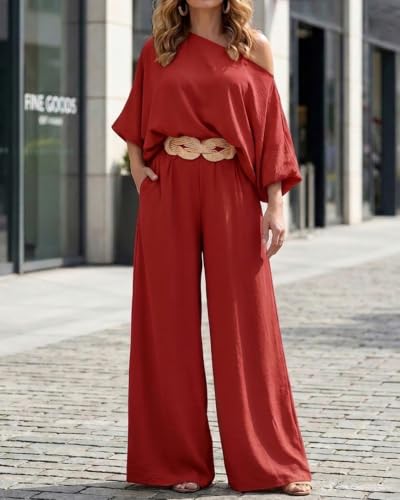 Image of CHICME Women Summer 2 Piece Outfits Off Shoulder Top Flowy Wide Leg Pants Set Vacation Travel Airport Outfits