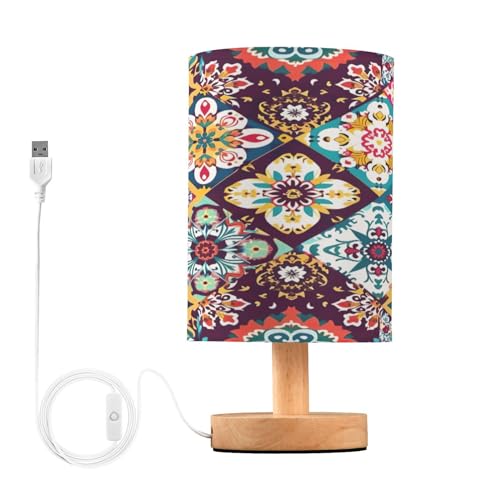 SDMKA Colorful Geometric Pattern Bedside Table Lamp for Bedroom, Minimalist Nightstand Lamp with Round Fabric Shade for Living Room, Office, No Bulb Required