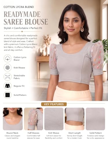 Image of SFT Women's Cotton Lycra Blend Readymade Saree Blouse with Round Neck Half Sleeves Solid Pattern Knit Weave Regular Fit and Pull On Closure