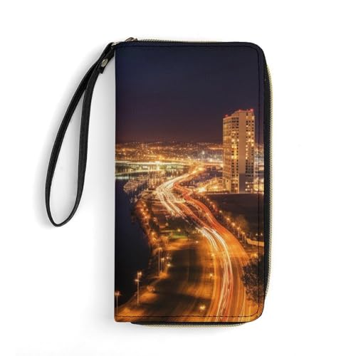 Portland at Night Print PU Leather Wristlet Wallet Slim Card Holder Organizer with Zipper Coin Pocket & Cash Slots for Women Men