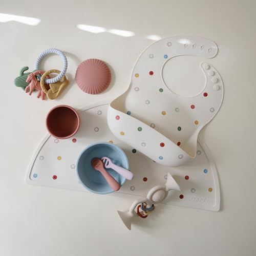 Image of mushie Silicone Baby Bib | Adjustable Fit Waterproof Bibs (Smiley Face)