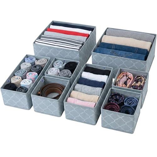 Image of Skrill 6-Piece Foldable Cloth Storage Box Set | Cube Baskets, Bins & Dividers for Closet & Dresser Drawer Organization | Storage for Shirts, Pants, Underwear, Bras, Socks & More (Quatrefoil Grey)