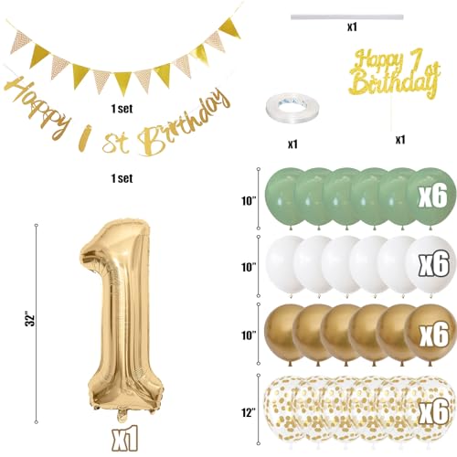 Image of 1st Birthday Decorations for Boys Girls, Sage Green White Gold Birthday Balloons with Happy 1st Birthday Banner First Birthday Cake Decoration Number 1 Balloon for Baby 1 Year Old Birthday Party Decor