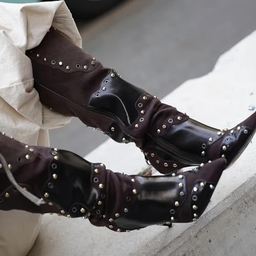Knee High Boots Women Rivets Fall Tall Boots Pointed Toe Stiletto High Heels Side Zipper Party Dress Shoes3