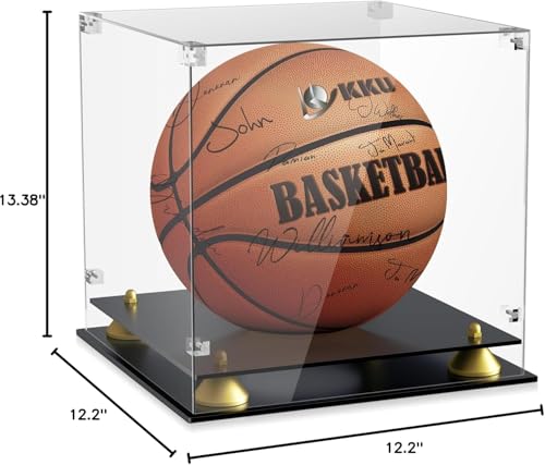 Image of KKU Acrylic Basketball Display Case, Clear Full Size Basketball Case Display, Double Tier Black Basketball Display Stand for Autographed Basketball Display (Watch The Video to Assemble)