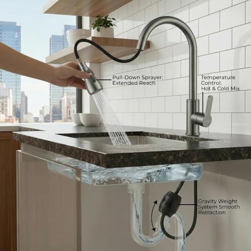 Image of EVANEX Pull Out Kitchen Faucet 304 Stainless Steel Kitchen Faucet 360 Degree Rotating Kitchen Tap for Sink Deck Mounted Kitchen Sink Tap Flexible